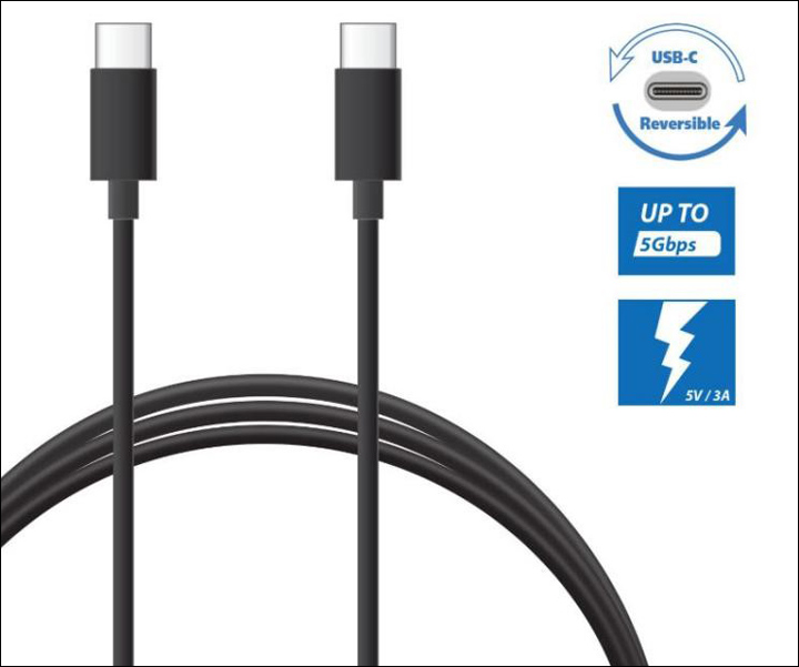 A cable with twe ends is on display next to a USB Reversible icon, a up to 500Gbps icon, and a 56K ohm icon.