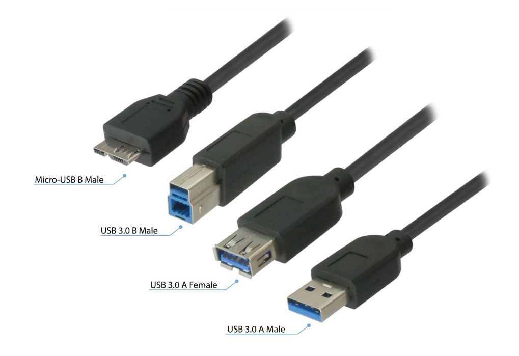 Four USB connectors, including USB-A male, USB-A female, USB-B male, and Micro-USB male, are on display.