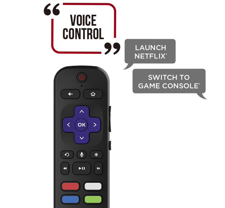 Roku TV Remote along with text graphics that read: Voice Control, Launch Netflix and Switch to Game Console