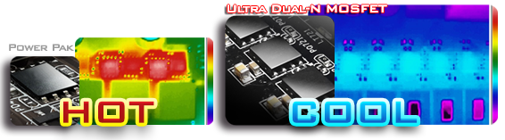 Thermal imaging of how the power pak makes the motherboard while the ultra dual-n MOSFET image is cool