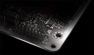 X470 Motherboard's black PCB bottom-right corner