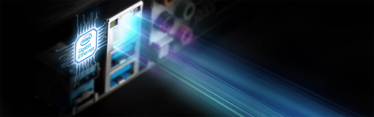 ASRock Z390M's Intel Gigabit Ethernet Port and USB ports angled down to the right