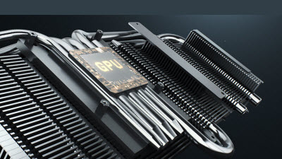 Closeup image of the DirectCU III cooling tech that includes heat sinks and heat pipes surrounding the GPU