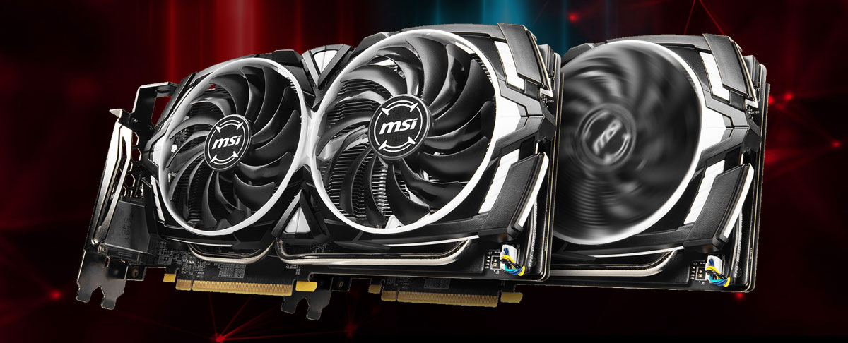 Front view of this card in standing position, angled slightly to the left, with two fans stop spinning. Behind it is the card with fan spinning