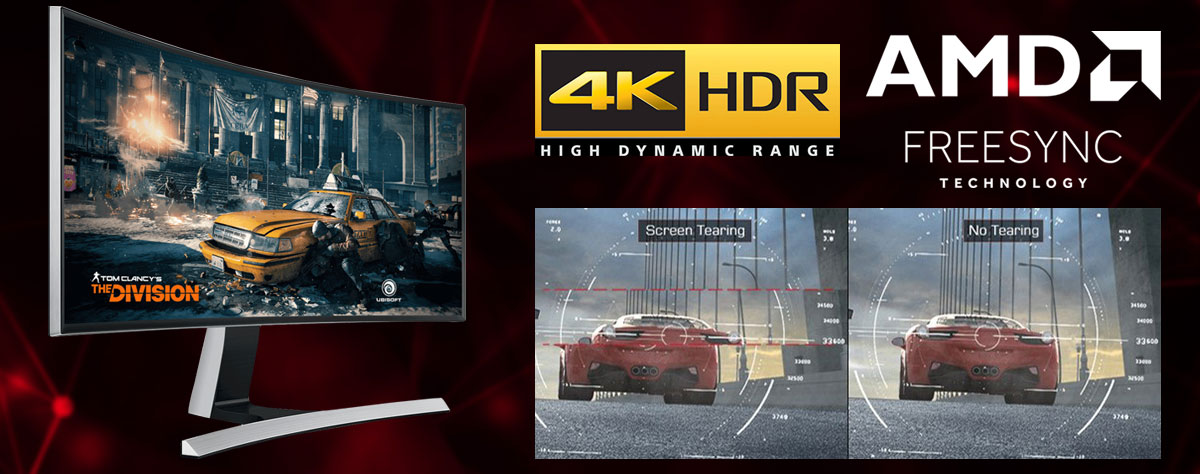 At the left of this picture is the front view of a monitor in standing position, angled slightly to the right, with screen showing game scene of Tom Clancy: the Division. At the right of this picture is comparison of game scene between with and without screen tearing. Above the comparison scene are logos of 4K HDR and AMD FreeSync