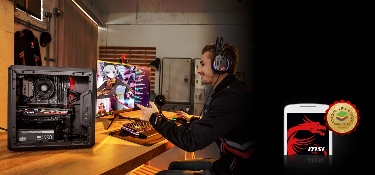 A male with a headset streaming live in front of computer. Next to it on the right is a smartphone with screen showing MSI dragon logo