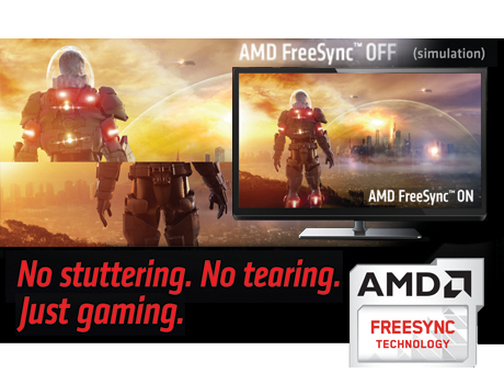 AMD FreeSync 2 banner showing a compatible monitor with no tearing compared to the background image that shows a scifi game screenshot torn in half
