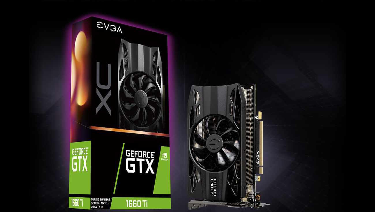 The EVGA GTX 1660 Ti standing up next to its product box