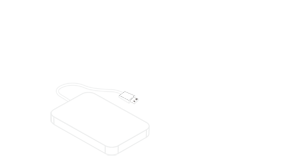 Outlined graphics of headphones, a mouse, external hard drive and keyboard keys