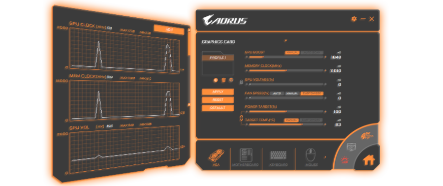 Two windows of the Aorus Engine software