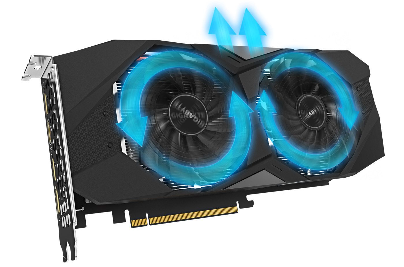 Graphic of the GIGABYTE GV-N208TWF3OC-11GC graphics card facing slightly to the right with arrows surrounding the fan, showing their spin cycles