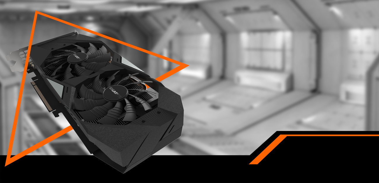 The GeForce RTX 1660 Ti Gaming OC 6G graphics card flying through an orange triangle with a black-and-white spaceship hangar background