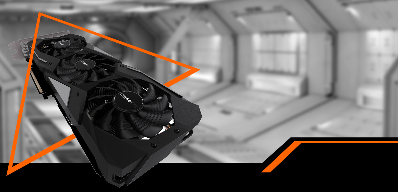 The GIGABYTE GeForce RTX 1660 graphics card facing up coming down to the right through an orange triangle. The background is a black-and-white space hangar