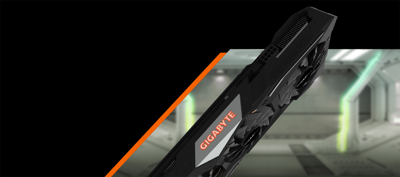 The GIGABYTE GV-N1660GAMING OC-6GD graphics card facing down, angled up to the right, with the GIGABYTE logo glowing on its side