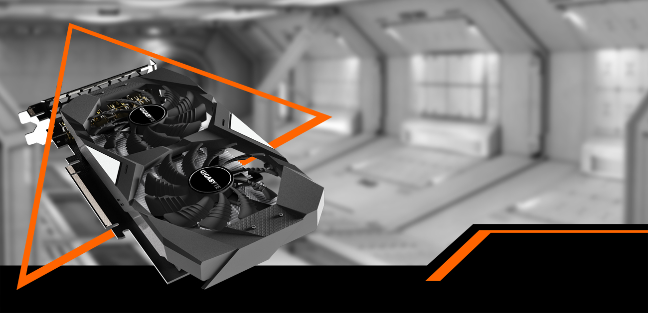 GIGABYTE GV-N1650WF2OC-4GD graphics card coming down to the right with a black and white spaceship hangar behind it
