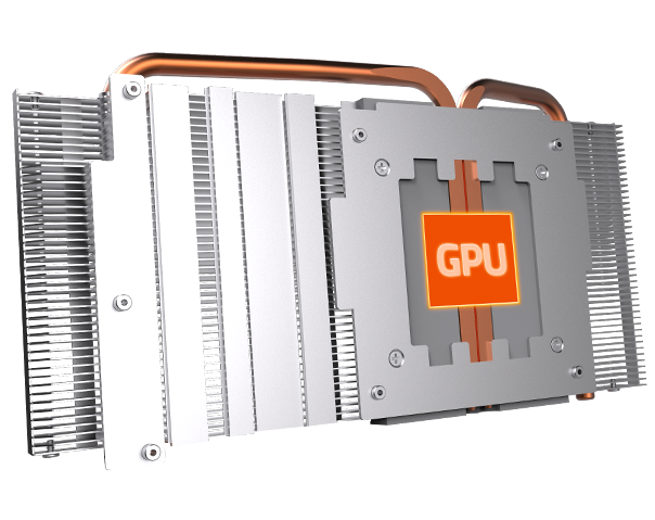 GPU area surrounded by heatpipes and direct-touch heatsink hardware