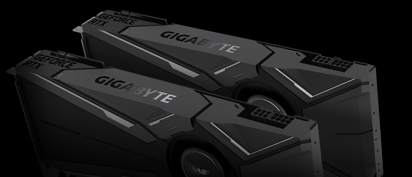 Two GIGABYTE GeForce RTX 2080 GV-N208SGAMING OC-8GC Graphics Cards Angled Down to the Left with Arrows Showing Cold Air Going Through and Hot Air Coming Out