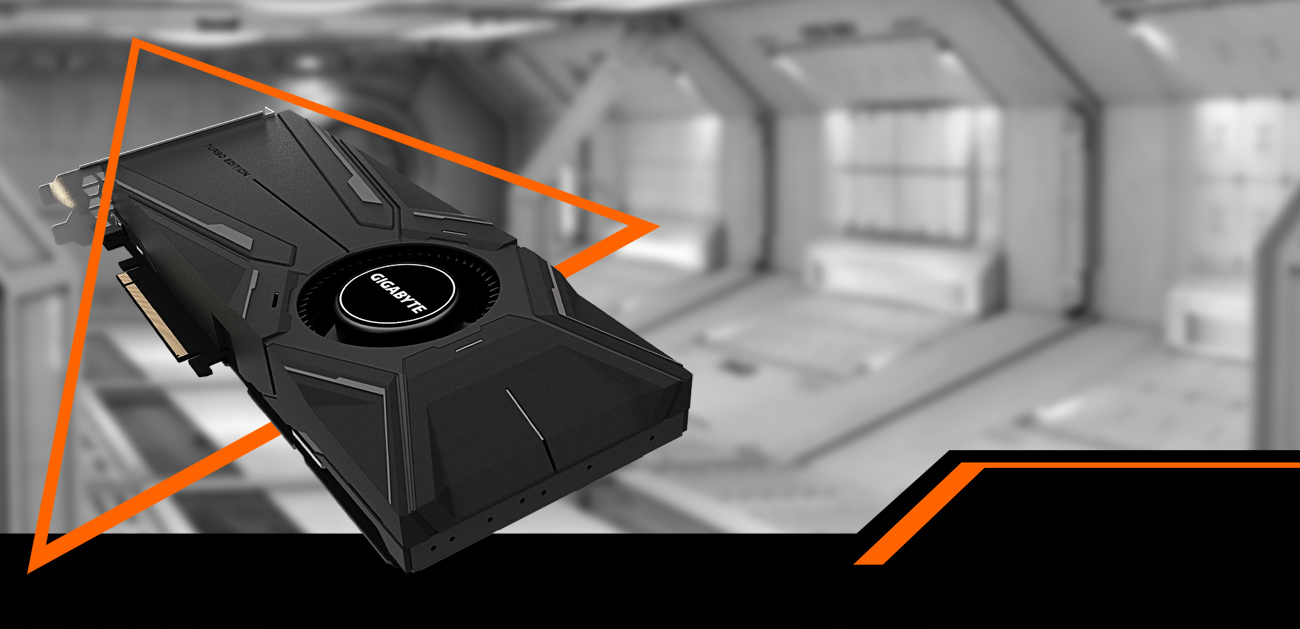 GIGABYTE GeForce RTX 2080 Angled Up to the Left in an Orange Triangle Graphic