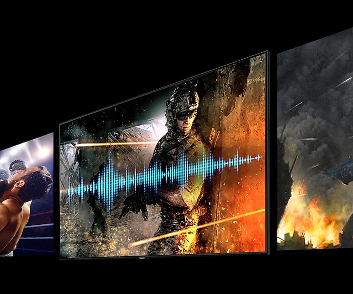 SAMSUNG Q80R displays angled down to the left, with different entertainment media on its display