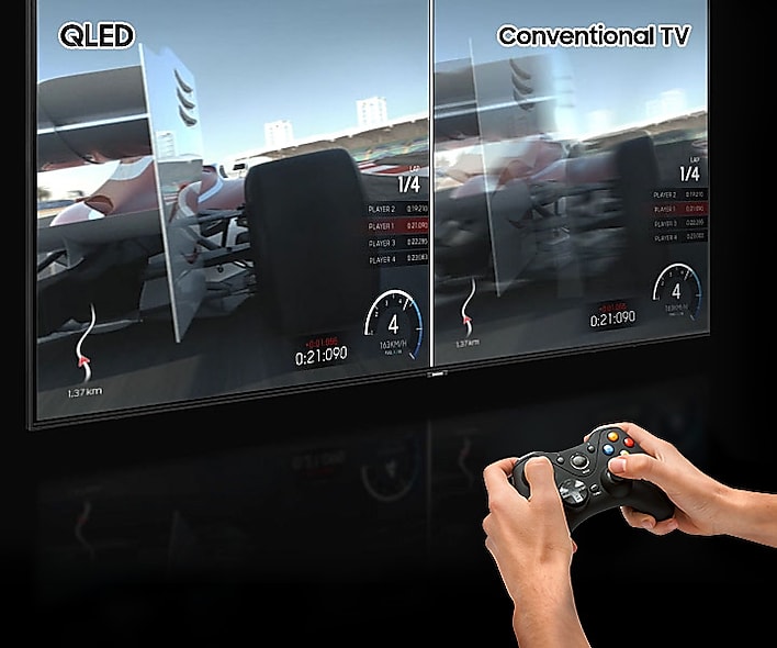 Hands holding a game controller in front of the SAMSUNG Q80R angled to the right with a racing game on screen and a split difference in quality between QLED and conventional TV tech