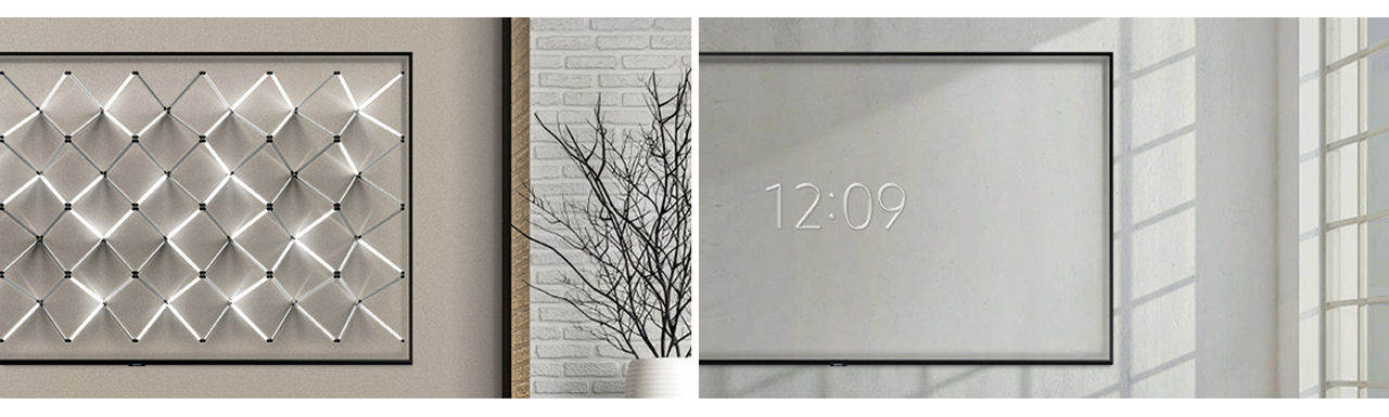 SAMSUNG Q80R showing a light display art installation that matches the gray wall the TV is mounted on and another SAMSUNG Q80R display mounted on a display showing the time of day, 12:09