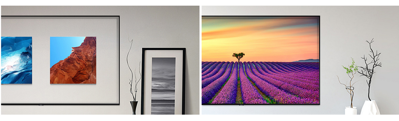 SAMSUNG Q80R mounted showing photos of a desert canyon during the day, and ice caverns and another Samsung Q70R TV mounted on a wall showing a single tree in the distance in front of row of purple flowers