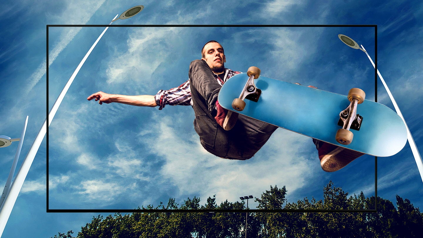SAMSUNG Q70R TV blending with an image of skater doing an ollie over the viewer