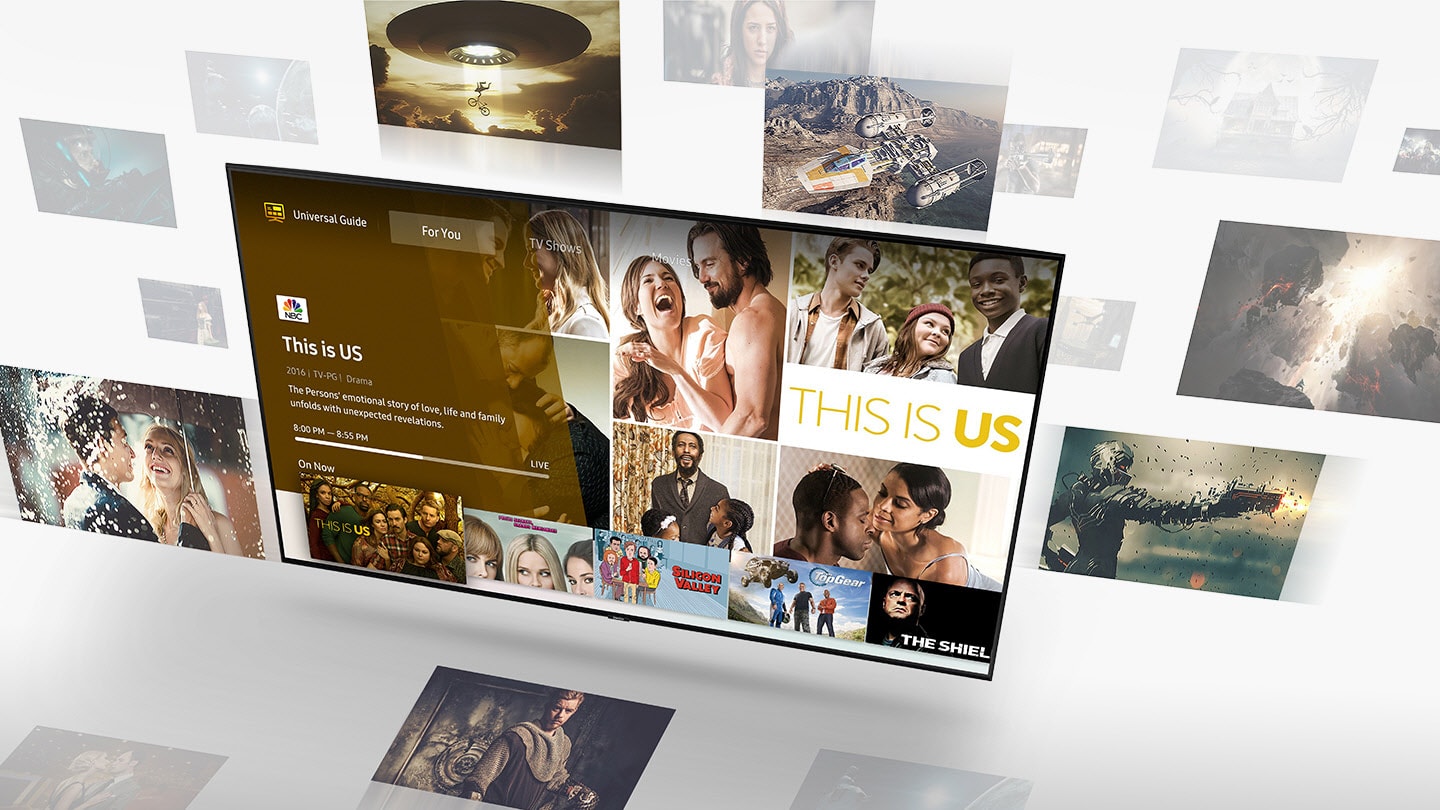 SAMSUNG Q80R angled down to the left with the This Is Us show title card, behind and around the TV are screenshots for different shows