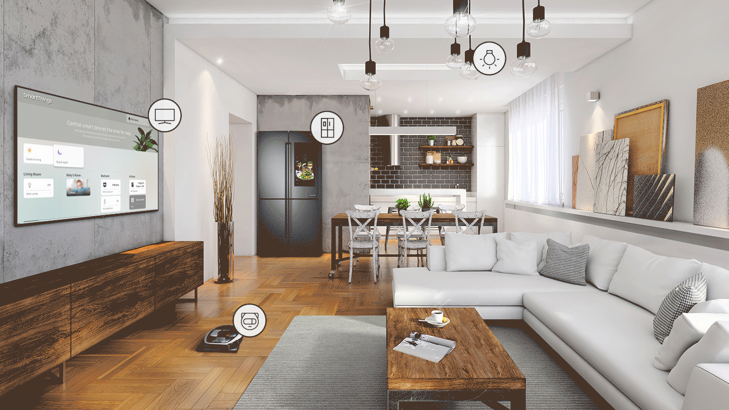 SAMSUNG Q80R Mounted in a Living Room Above a Wooden Cabinet inside an open room with light fixtures, a kitchen, black-tile backsplash, modern art