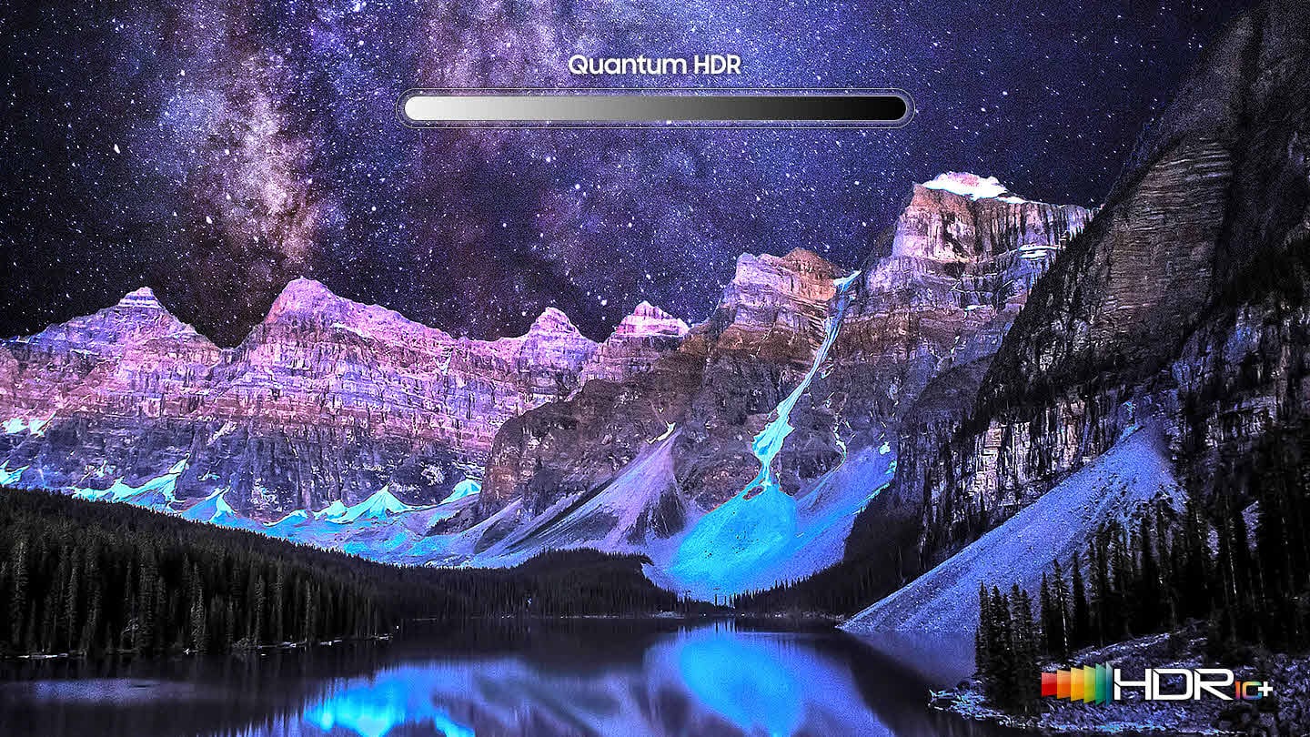 Quantum HDR Bar over a beautiful night time scene of snowy mountains over a forested lake with the galaxy and stars in the sky