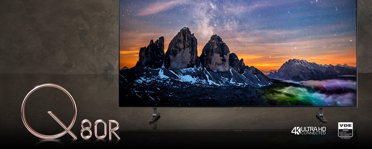 SAMSUNG Q80R Display on Its Stands, Facing Forward and Graphics for Q80R, 4K Ultra HD Connected and VDE