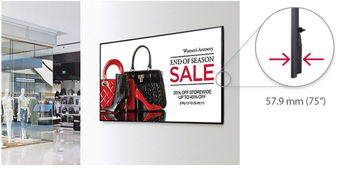 Mounted LG Display Showing a Purse Ad in a Mall and a hotspot showing a closeup of the side of the LG display, with text and graphics that indicate 57.9mm