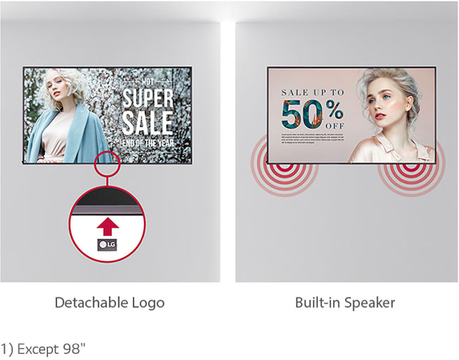 LG displays with text that reads and points out each display's Detachable Logo and Built-in Speakers. There is disclaimer text below that reads: 1) Except 98 inches