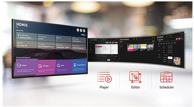 LG displays, one angled to the right and three connected side by side, angled to the left. There are also graphics and text indicating: Player, Editor and Scheduler functions