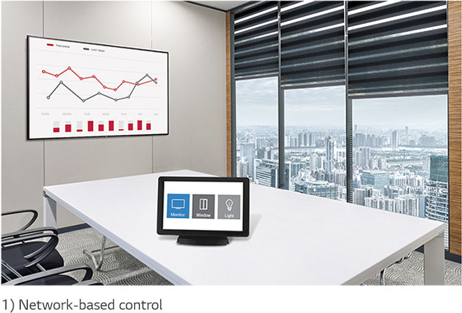 LG display mounted in an office conference room where a tablet on a stand is on the main table. Below the image is disclaimer text that reads: 1) Network-based control.