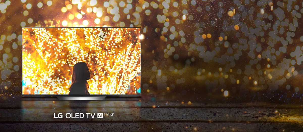 A picture of vibrant light with only the part on the LG OLED TV C9 TV is displayed brightly