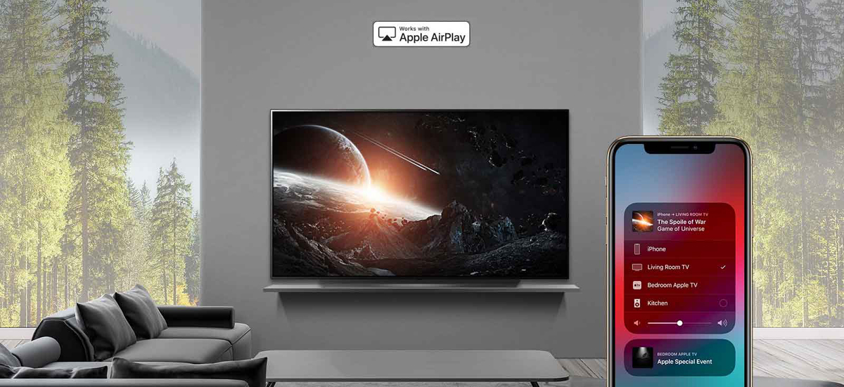 An LG OLED TV is installed on the wall showing meteor shower flying through the space. An icon for works with apple airplay is placed at the top center and a smartphone showing a menu of varios devices is at the bottom right corner.