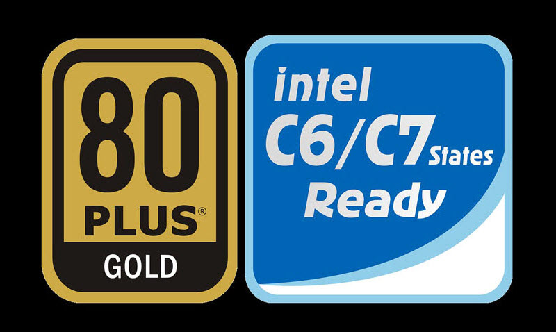 a 80 PLUS GOLD badge beside an Intel C6 C7 ready badge