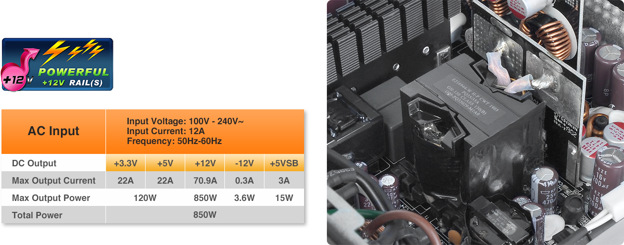 Internal components of the power supply. Next to it on the left are tables containing specs for each rail, with an icon of powerful +12V rail