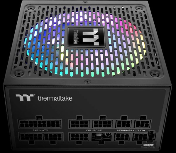 Top front view of the power supply, with RGB lighting turned on