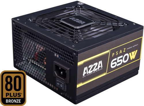 Top angle view of this power supply, with fan facing up, and with a 80 Plus Bronze logo on the left