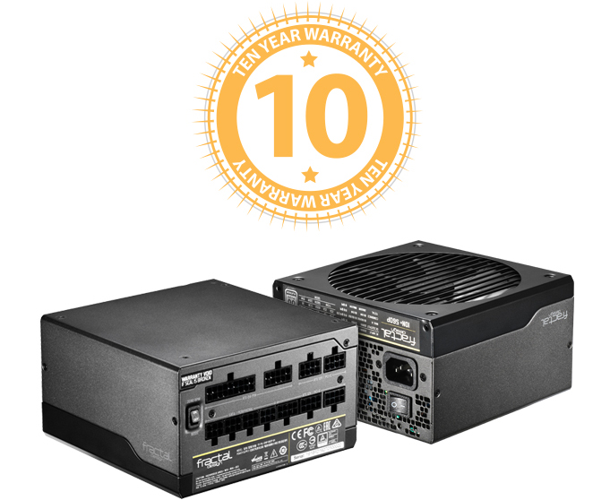 PROTECTION GUARANTEED Ten-Year Warranty Badge Above Two Fractal Design Power Supplies