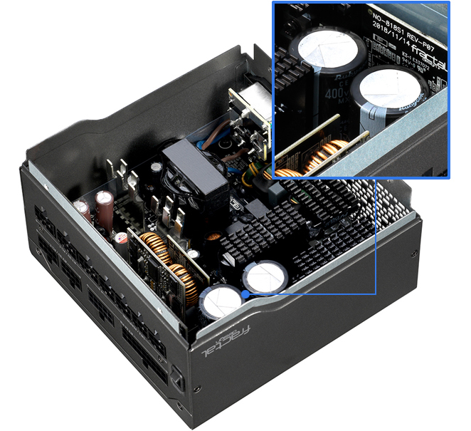 PREMIUM CAPACITORS inside an open fractal design power supply
