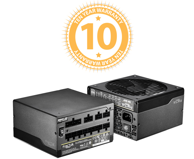 PROTECTION GUARANTEED Ten-Year Warranty Badge Above Two Fractal Design Power Supplies