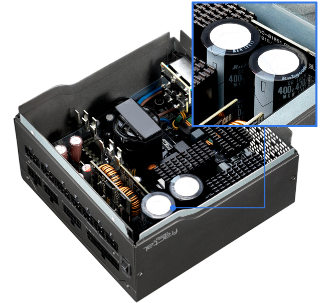 PREMIUM CAPACITORS inside an open fractal design power supply