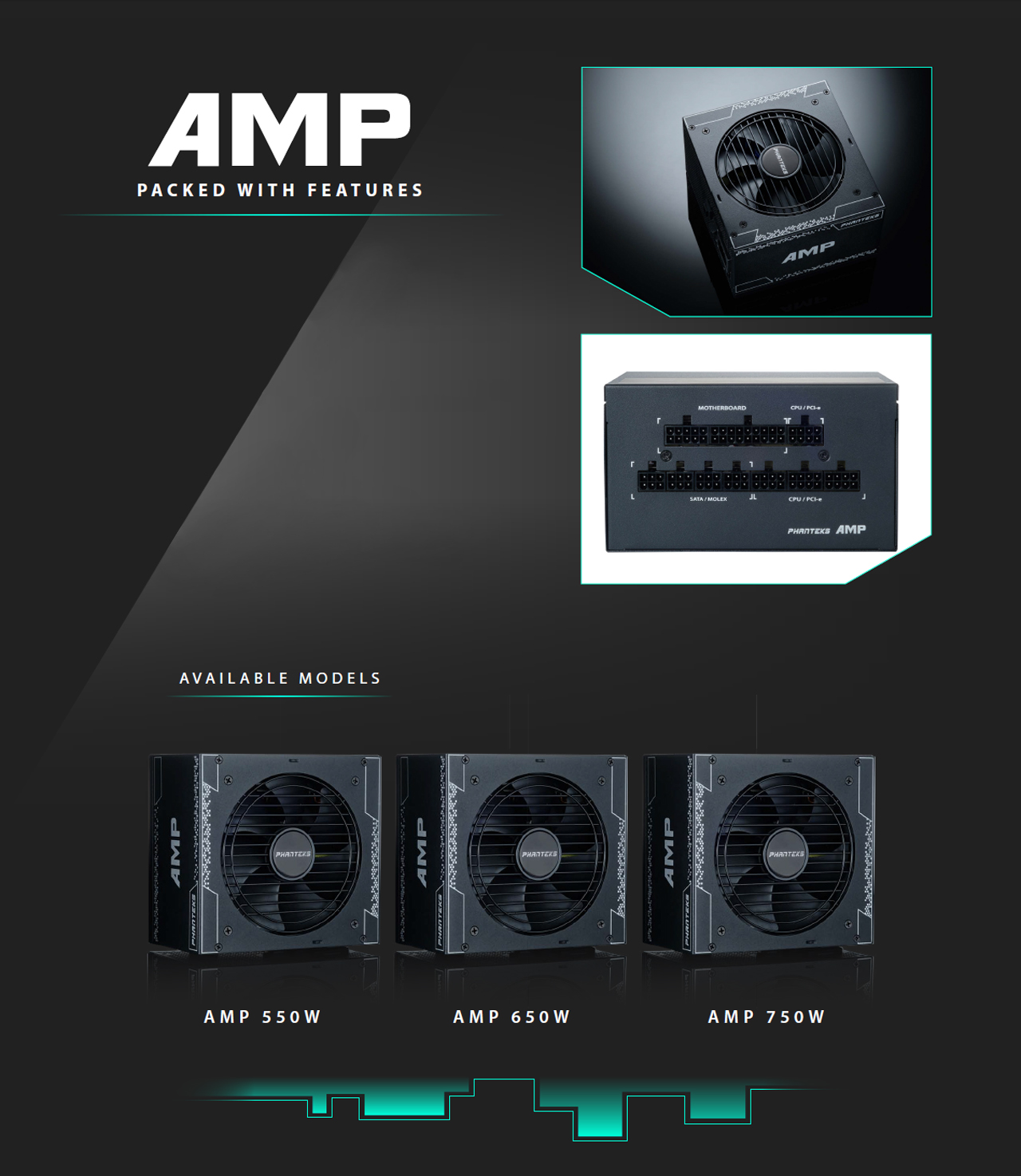 Phanteks AMP Series ATX Power Supply top view and packed with features and available models
