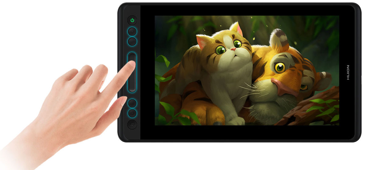 The Huion KAMVAS PRO 13 facing front with screen showing some cute animals. Four buttons and a touch bar at the left are highlighted, with a finger tapping the touch bar