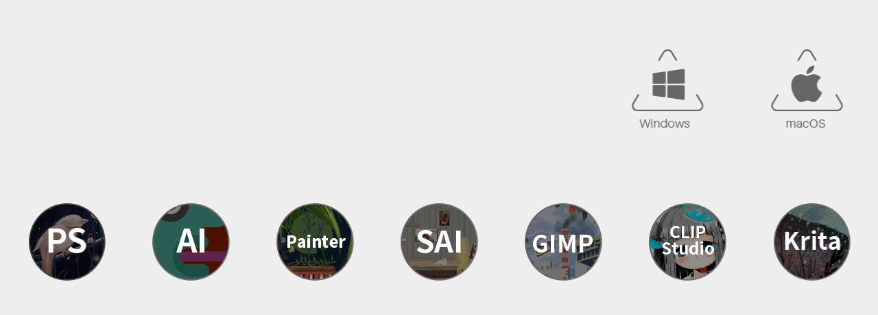 Logos of Windows and macOS, above a row of round icons for designing and editing softwares