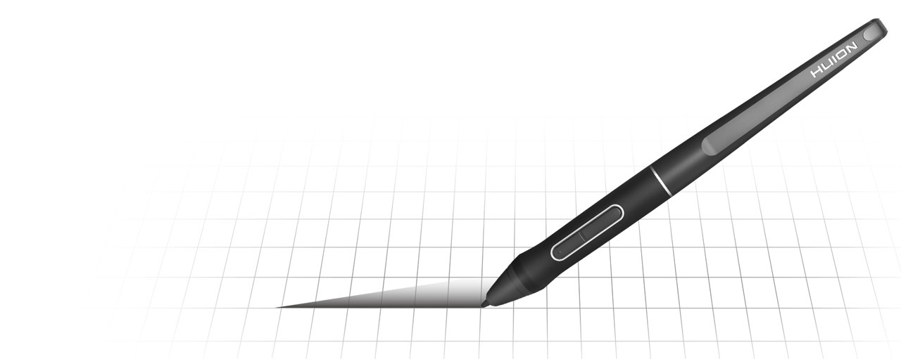 A tilted pen drawing gradually thick stroke on surface featuring grid line
