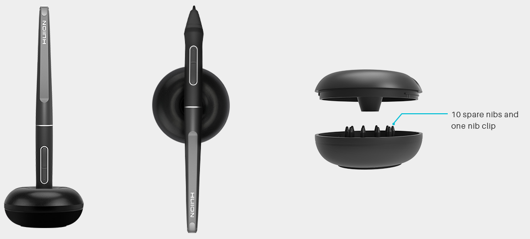 At the left part of this image is the pen inserted vertically into the pen holder. In the middle is the pen stored horizontal on the pen holder. At the right part of this image is the top cover of the pen holder removed from the base, exposing 10 spare nibs stashed in it